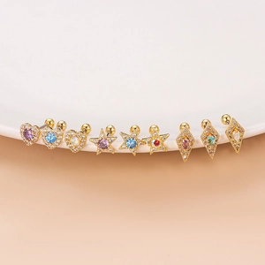 Gold stainless steel stud earrings set featuring heart, star, and rhombus zircon shapes
