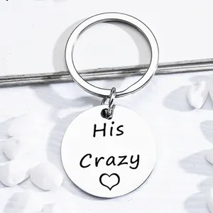 His Crazy engraved stainless steel round keychain with heart symbol on white stones
