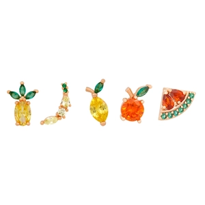 Detailed macro view of vibrant fruit-shaped stud earrings set with colorful zircon stones