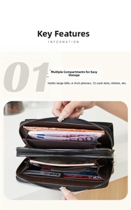 Dettagli interni del portafoglio lungo nero con 12 scomparti per carte e tasca per cellulare