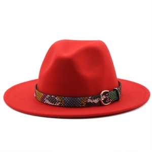 Close-up of red wool fedora featuring a chic snakeskin pattern band and gold buckle detail