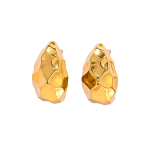Golden titanium steel earrings featuring a unique hammered hollow teardrop texture