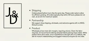 Shipping policy and after-sales terms with J&D brand logo on a clean white background