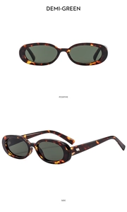Detail view of vintage oval sunglasses in demi frame and dark green lenses from two angles