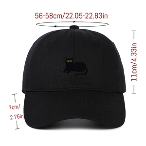 Black cotton baseball cap with yellow-eyed cat embroidery and sizing dimensions