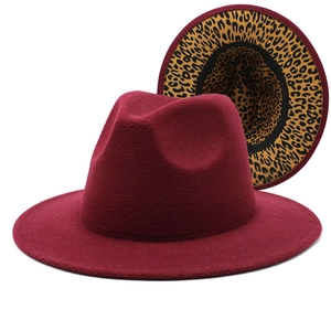 Burgundy wide brim fedora hat with stylish leopard print lining for men and women