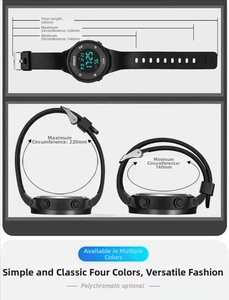 Waterproof digital sports watch dimensions guide showing adjustable strap length and sizing