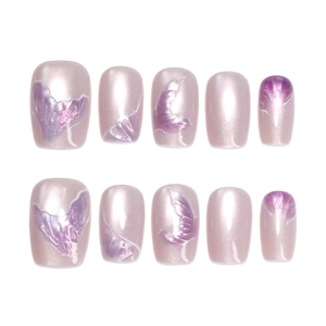 Dreamy mermaid tail pearlescent pink cat-eye press-on nails with butterfly wing details