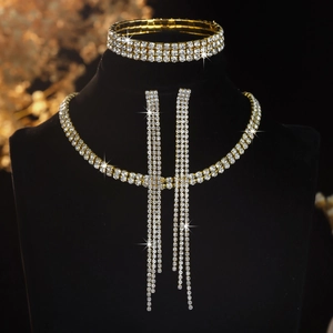 Detailed view of luxury gold-tone three-piece jewelry set with sparkling rhinestones