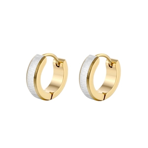 Detail showing two-tone gold and silver titanium steel earrings with brushed texture