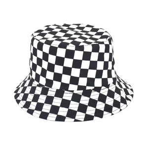 Close-up of black and white checkerboard bucket hat showing canvas texture and stitching