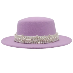 Elegant French Retro Flat Top Wool Felt Hat With Artificial Pearl Bead Strap Wide Brim Sunshade Fedora For Women