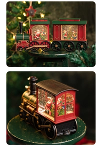 Macro view of Santa Claus train music box with swirling glitter and warm festive lights