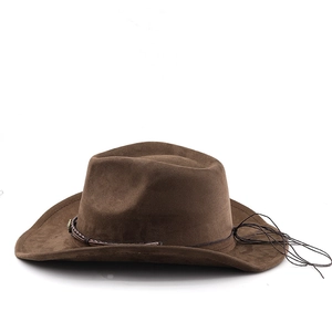 Detail showing the dark brown suede texture and woven band of the western cowboy hat