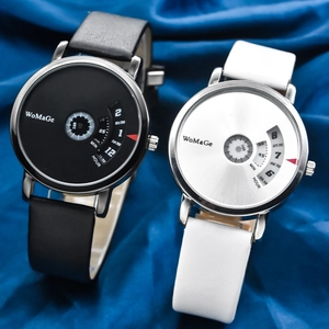 Minimalist quartz watches with rotating dial displays and premium leather straps in black and white