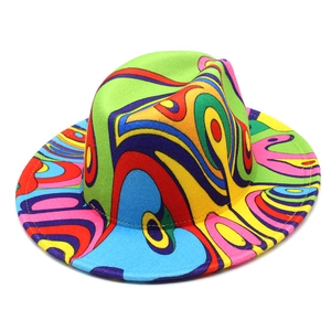 Detail view of colorful graffiti print wool fedora hat with wide brim in pop art style