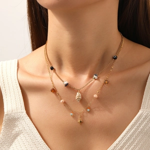 Bohemian Double Layered Necklace Stainless Steel 18K Gold Plated Conch Shell Evil Eye Star Cross Pendant For Women Jewelry