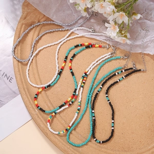 Bohemian 6-piece colorful seed bead layered necklace set with silver lobster clasp extension