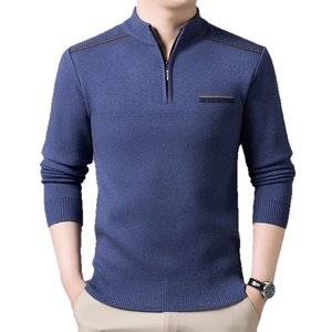 Men's blue half-zip knit sweater with stand collar and brown contrast stripe details