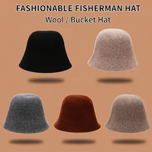 Wool Felt Bucket Hat For Women Warm Winter Solid Color Retro Fisherman Basin Cap Simple Style Classic