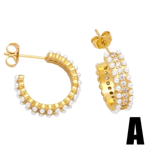 Elegant gold C-shaped hoop earrings with dual rows of white pearls and sparkling zircons