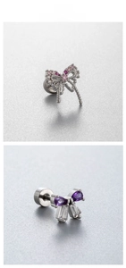 Macro di orecchini a fiocco in argento con zirconi rosa e viola e dettagli a nappa