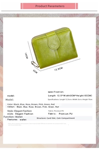 Detailed size specifications and material view of the green soft leather mini wallet