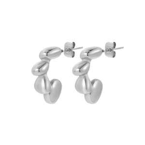 Minimalist liquid metal style silver bubble hoop earrings with polished stainless steel finish