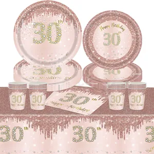 Detail zum 30. Geburtstag Set in Roségold mit Papptellern Bechern Servietten und Tischdecke