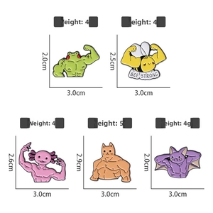 Detailed view of muscle animal enamel pins with specific weight and size dimensions