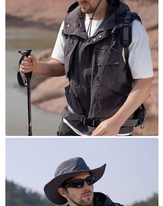 Detail of dark grey multi-pocket functional vest with matching wide brim sun hat for hiking