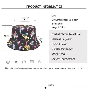 Size chart for geometric pattern bucket hat with dimensions and polyester material details