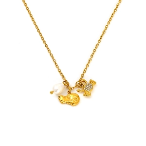 Golden titanium steel necklace with pearl, rhinestone crab, and animal pendant