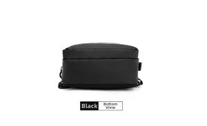 Detailed bottom view of black multifunctional crossbody bag showing stitching and mesh texture