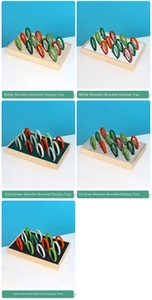 Vertical display showing 12-slot wooden bracelet trays in five different lining colors