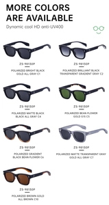 Grid display of square polarized sunglasses in multiple colors showing UV400 protection