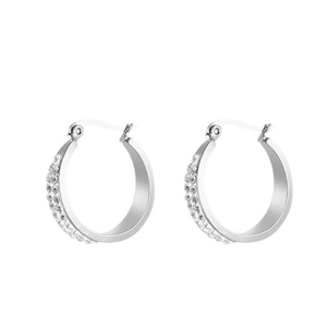Silver stainless steel hoop earrings with double row diamonds on a white background