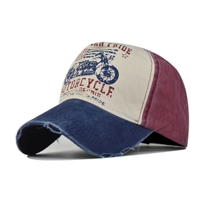 Vintage washed cotton baseball cap with distressed motorcycle graphic and tricolor panels