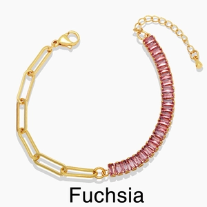 Detail of fuchsia square zircon stones and gold rectangle chain link bracelet