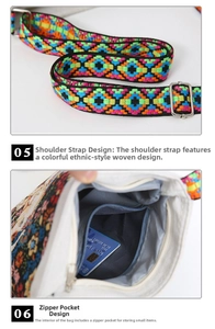 Detail of colorful woven ethnic strap and interior zipper pocket on a canvas crossbody bag