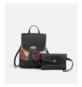 Close-up of color-block backpack and clutch set with gold twist lock and magnetic snap