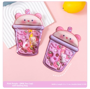 Detail of cute milk tea cup zip lock bags with bear patterns in 13x17cm size