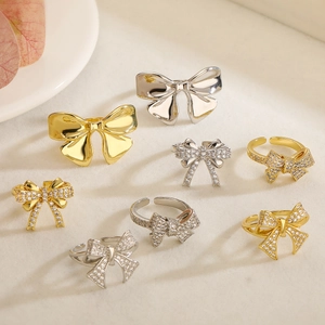 Bowknot Open Ring Copper 18K Gold Plated Zircon Inlaid Adjustable Vintage Delicate Fashion Jewelry For Women