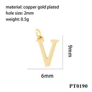 Detailed view of a gold-plated copper letter V pendant with precise size and weight specs