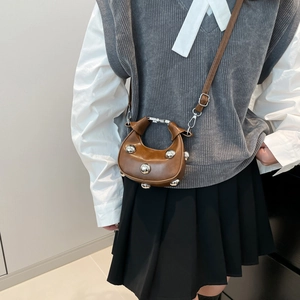 Mini Crescent Shoulder Bag Women PU Leather Silver Studs Trendy Y2K Crossbody Purse Retro Small Handbag
