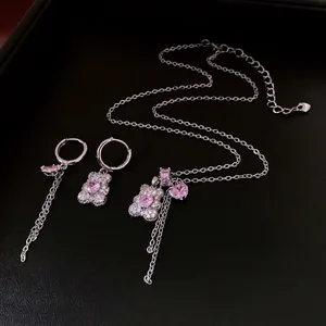 Teddy Bear Jewelry Copper Zircon Pink Heart Necklace And Asymmetric Tassel Earrings French Luxury Silver Plated