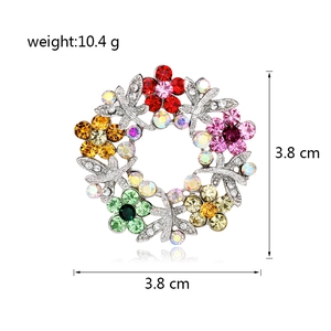 Colorful floral wreath brooch with sparkling crystals and silver base for women