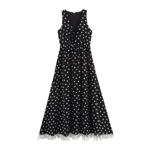 Robe Longue À Pois Polyester Sans Manches Col En V Avec Bordure En Dentelle Élégante Taille Haute Femmes