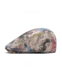 Side view of American graffiti tie-dye beret with distressed vintage print texture