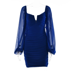 Detail view of the V-neck mesh lantern sleeves and ruching texture on the navy mini dress